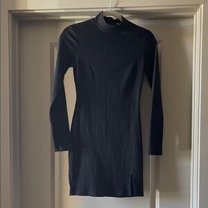Princess Polly Black Ribbed Mock Neck Long Sleeve Dress - Size 2
